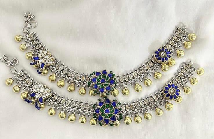 jadau stone silver payal